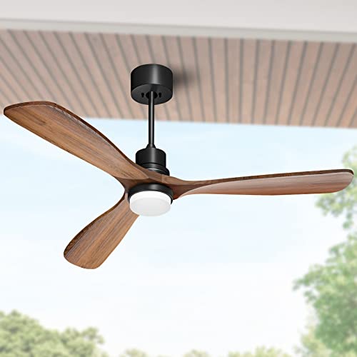 52 Outdoor Wood Ceiling Fan with Lights and Remote Control - Noiseless Reversible DC Motor