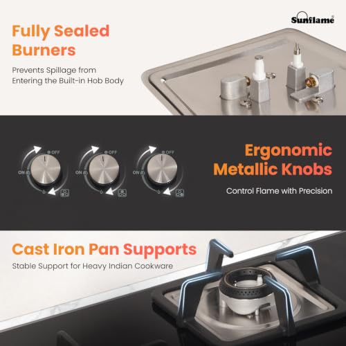 Image of Sunflame 4 Burner Built-In & Countertop Flexi Hob 86 cm Wide | 1 Large, 1 Medium, 2 Small Brass Burner | 5 Year Glasstop Warranty by Sunflame | Auto-Ignition | Ultra-Slim | Cast Iron Pan Support
