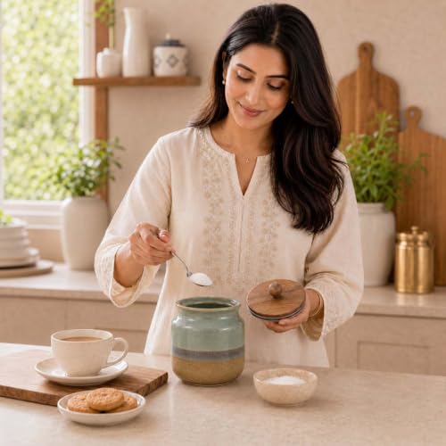 Image of The Earth Store Rustic Green Pickle Jar Set of 1 - 800ML Airtight Ceramic Jar for Kitchen Storage | Microwave & Dishwasher Safe Achar Container | Pickle, Salt & Spice Storage Jar