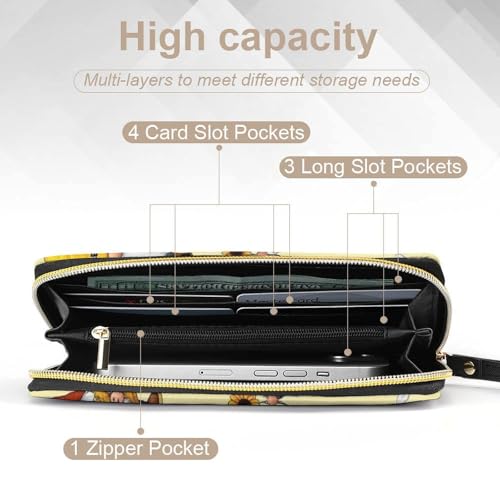 Long PU Zipper Wallet With Rope, Travel Purse Fashion Design, Huge Storage Capacity Wallet, Cute Decor Purse For Men And Women Funny Honeybee Gnomes Bee Sunflower Yellow Flowers Floral4