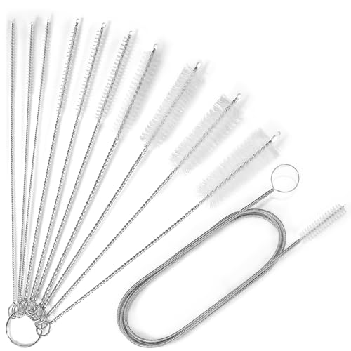Image of Ixiaoyoo 11 Pcs Cleaning Brushes Set, 8 Inch + 60 Inch Cleaner Brushes | White Nylon Brushes Kit for Bottles, Tumbler, Sippy Cups, Pet Waterers, Drinking Straws, Pipes, Sink Drain, Fish Tank, Hose