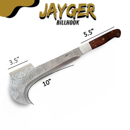 Jayger Hand Forged Damascus Steel Billhook Machete Knife | Heavy Duty Machete for Cutting Trees, Yard Work & Gardening Tools | Sickle Garden Tool with Leather Sheath - Thumbnail 3