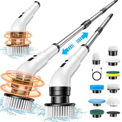 Image of Electric Spin Scrubber, IPX7 Waterproof Floor Shower Scrubber with 9 Replaceable Brush Heads, 3 Speeds Cordless Bathroom Scrubber with Adjustable Handle for Bathroom, Tub, Tile, Floor, Kitchen