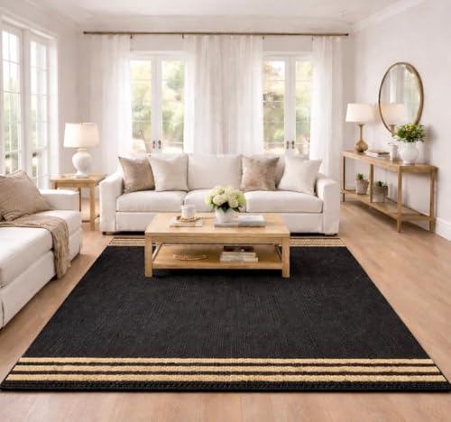GRUHUM Jute Area Rug 8x10ft- Natural Fiber Black Rectangular Leather Handwoven Boho Farmhouse Soft Braided Rustic Vintage Rugs for Indoor Eco Friendly Livingroom Bedroom Kitchen Hallways (8x10 ft)