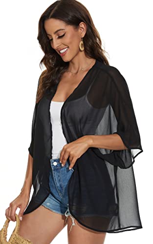 Women Summer Tops Kimono Cardigans Sheer Beach Cover Ups Chiffon Open Front Shirts （Black,M #TOP1