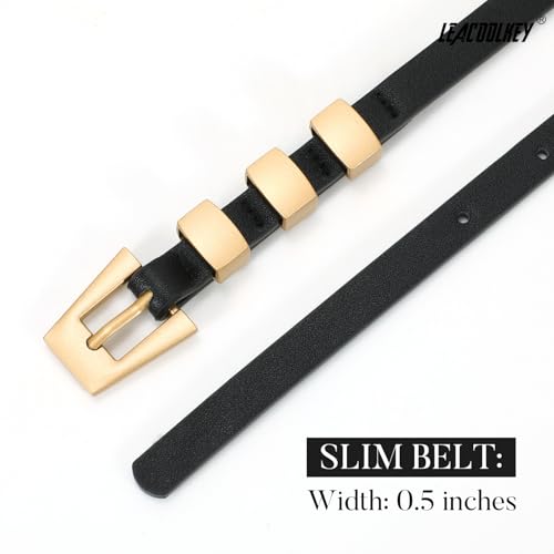 LEACOOLKEY Skinny Leather Belt Thin Waist Belt for Women Jeans Dress Fashion Ladies Belt with Gold Buckle — view 3