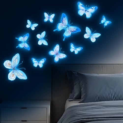 STNRST-IN Papillon Sticker Mural Lumineux, Autocollants Muraux Bleu Fluorescents 3D Stikers Murals Enfant, Papillons Mural Décoration Pour Salon Chambre à...
