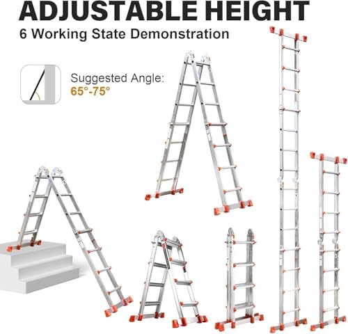 HBTower A Frame 5 Step Extension Ladder, 19 Ft Multi Position Ladder with Removable Tool Tray and Stabilizer Bar, 330 lbs Capacity Telescoping La dder for Household and Outdoor Work (Orange, 19FT) - Thumbnail 6