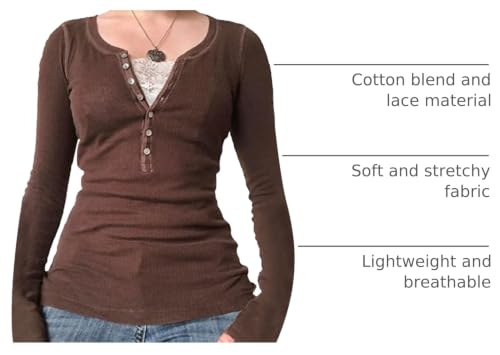 Image of Fairy Grunge Shirts for Women Y2K Tops Long Sleeve Lace Patchwork Tees Teen Girls Vintage Slim Blouse Fall Clothes