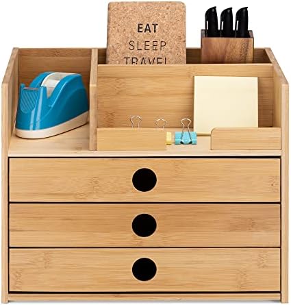 Navaris Bamboo Desk Organiser - Wooden Desktop Storage Drawers and Compartments for Organising Stationery, Documents, Files, Office Accessories