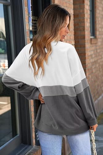 KISSMODA Womens Casual Long Sleeve Sweatshirts Color Block/Solid Tops Corduroy Crewneck Tunic Pullover with Pockets