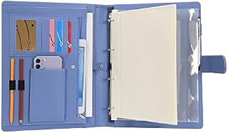 Wonderpool A4 PU Leather 4 Ring Holder Writing Portfolio Multi Document Case with Removable Binder Clipboard and Functional Pocket for Organizer Office Travel School (Blue)