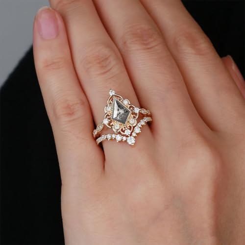 1ct 1.5ct 2ct Salt and Pepper Diamond Wedding Ring Set for Women - Kite Cut Salt and Pepper Diamond Bridal Sets Wedding Rings White Yellow Rose 10K 14K 18K Gold Sterling Silver Gem Ring Set2