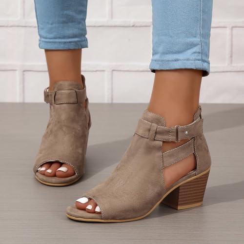 SACFOF Womens Peep Toe Booties Cutout Side Strap Mid Black Chunky Heel Cutout Sandals Ankle Bootie with Back Zipper4