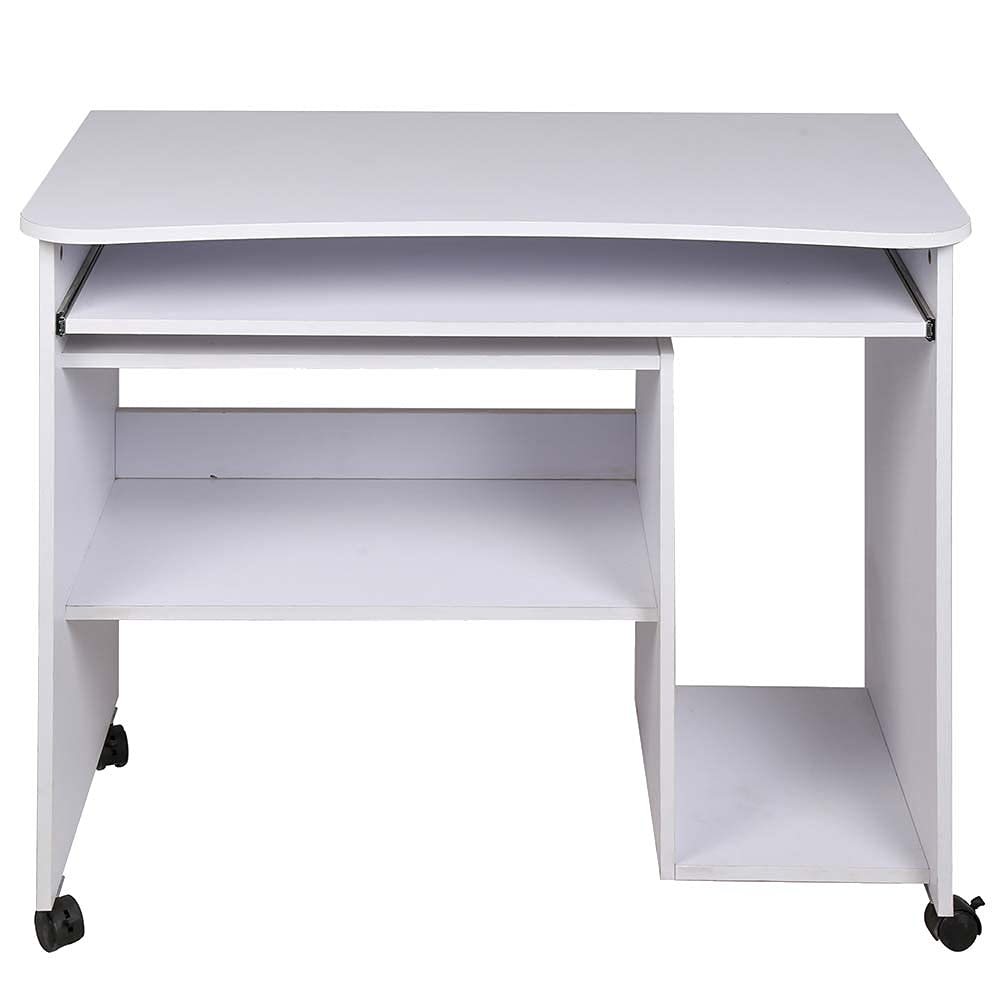 BAKAJI Scrivania con Portatastiera Estraibile Ripiano Inferiore e Vano Pora Computer Tavolo da Lavoro Porta Pc in Legno MDF con 4 Ruote Arredamento Casa Ufficio Cameretta Moderna (Bianco)