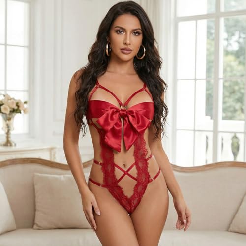 Telooco Desouses für Frauen Sexy Unterwäsche Dessous Spitze Hohl Body Bodysuit Einteiler Freche Dessou Fliege Underwear Women Sexy Set Spitze Dessous Party Outfit für Damen Frauen (Rot)