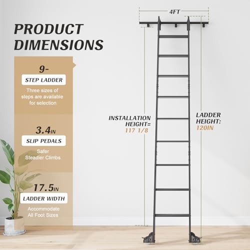 Image of Fredbeck 10ft Library Ladders Black Aluminium 120 inch with 4FT Sliding Track | Rolling rollers,Bottom Wheel Included,for Kitchen,Loft,Warehouses,Bookstore,Atti,Dressing Room,Metal