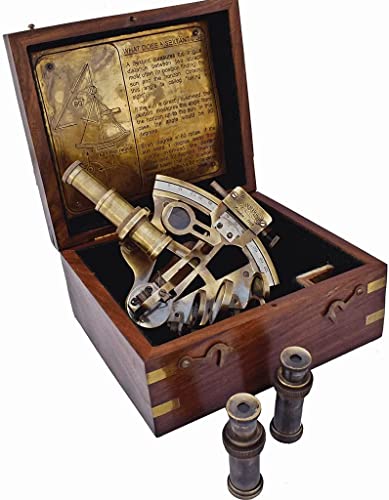 Antique Brass Nautical Ship Sextant Navigation Tool Pirate Marine Instrument Astrolabe Telescope With Wooden Box Two Slighting Telescope J Scott Sexton #TOP1