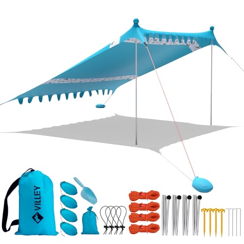 Villey Toldo De Playa 3m X 3.3m, Tienda De Playa Lycra Azul, Sombra De Playa Con Protección Uv50 , Parasol De Playa Con Ancla Para Saco De Arena Y 4 Postes De Soporte Para Playa, Picnic, Pesca