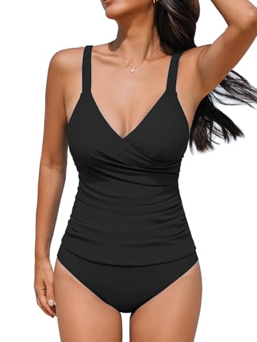 CUPSHE Women's Tankini Sets Surplice V Neck Two Piece Bathing Suits Adjustable Straps Shirred Mid Rise Swimwear