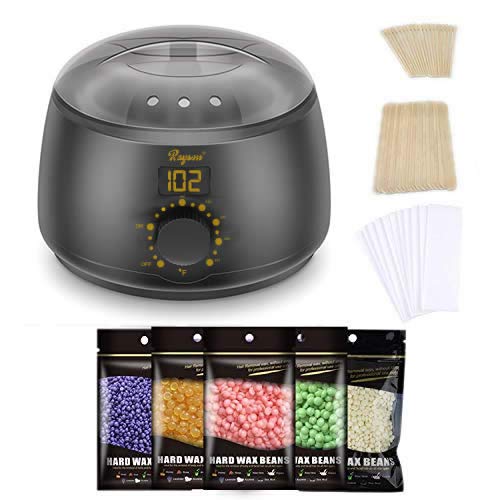 Rayson Wax Warmer Black LCD Hair Removal Waxing Kit with 5 Bags Hard Wax Beans, Wax Applicator Sticks & Wax Strips for Soft Wax. Painless self Home Waxing for women, Men, Bikini,& Armpit (Digital)
