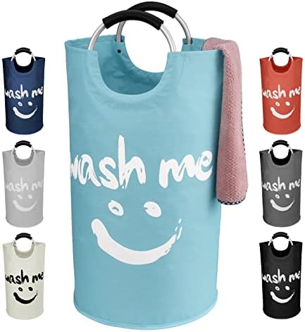 IHOMAGIC 91L Collapsible Laundry Bin Independent Fabric Laundry Hamper with Comfortable Handle Laundry Washing Bin with Smiley Pattern Clothes Organizer for Home, Travel 15x15x28.3 in (Navy Blue)