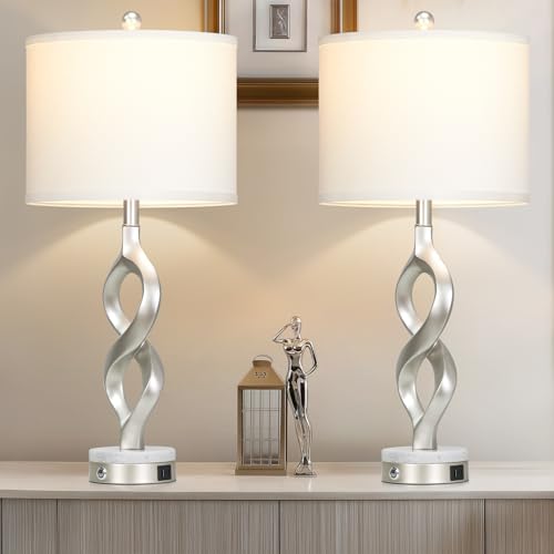 Cinyirong Silver Table Lamps Set of 2 for Living Room, 30" Tall Touch Control Bedside Lamps for Bedroom Nightstand, 3-Way Dimmable Modern Sculptural Table Lamp with USB A+C Ports and 2 LED Bulbs