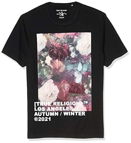 True Religion Men's Floral Text Short Sleeve Crewneck Tee, Black, M