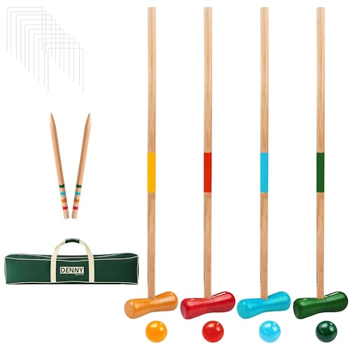 Crystals Wooden Croquet Set for 4 Players Outdoor Garden Lawn Game with 4 Wooden Mallets Coloured Balls Wickets & Stakes | Family Backyard Game Set for Adults