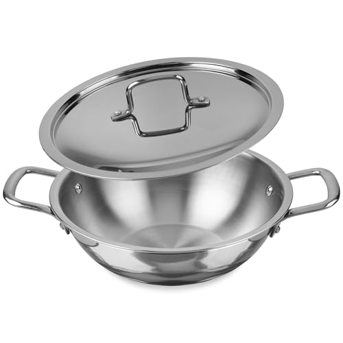 KSJONE 1-Quart Tri-Ply Stainless Steel Kadai with Lid, Less Oil Use, Healthy Cooking, Food Safe, Stay Cool Handles, Compatible with All Modern Cooktops, Oven-Safe, Dishwasher-Friendly