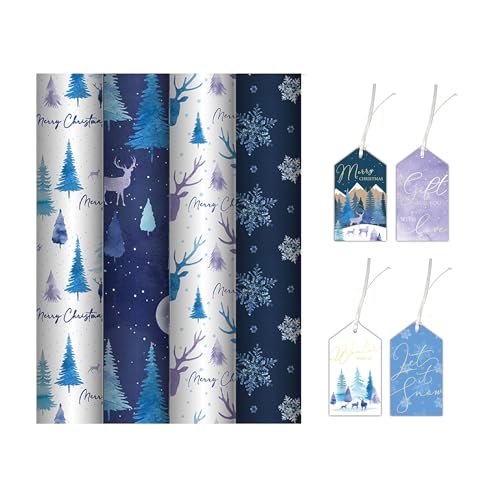 4 rolls of Christmas wrapping paper - blue xmas wrapping paper set - gift wrapping paper rolls - 4 x 4m x 70cm - midnight forest wrap - recyclable christmas wrapping paper.