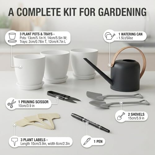 JNGROW Indoor Garden Kit - Plant Pots with Drainage, Watering Can & Tools - Ideal Windowsill Planter Set - Modern Home & Kitchen Decor Gift - White