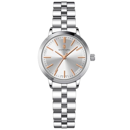 Image of Sapphero Ladies Watch Easy to Read Wristwatch, Women's Quartz Watch with Stainless Steel Strap, 5 ATM Waterproof, Classic Elegance Women Business Waterproof Watch