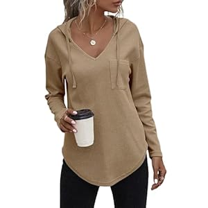 Pullover Damen Hoodie Langarm V Ausschnitt Kapuzenpullover Lockere Sweatshirt Oberteil mit Kordelzug