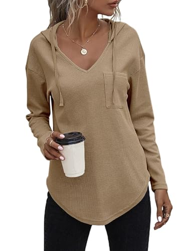 Pullover Damen Hoodie Langarm V Ausschnitt Kapuzenpullover Lockere Sweatshirt Oberteil mit Kordelzug