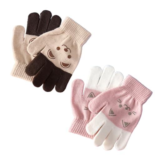 YUVKIN 2 Paia Guanti Invernali per Bambini Caldi a Maglia con Motivo Gatto (per 6-12 Anni) (Khaki e Rosa)