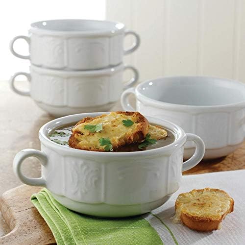 Jean-Patrique Set of 4 White Classic Culinaria Double-Handled Small Hearty Soup Bowls, Dishwasher Safe