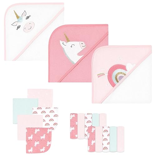 Image of Hudson Baby Unisex Baby Animal Hooded Towel 3pk and 15 Washcloths, Unicorn, One Size