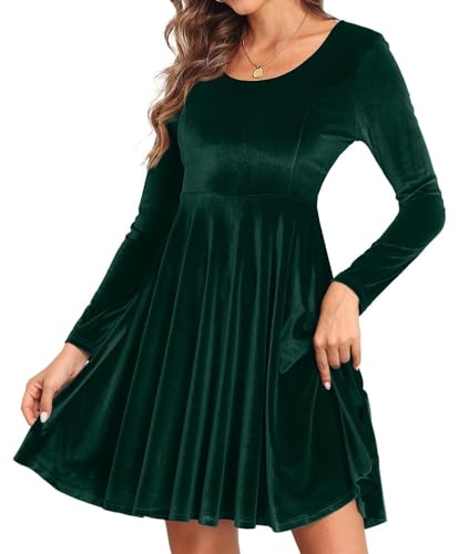 Joligiao Vestidos de Fiesta Mujer Elegantes Invierno Terciopelo Vestido de Noche Manga Larga Vestidos de Cóctel Cuello Redondo Minivestido Vestido de Navidad Vintage Verde Oscuro XL