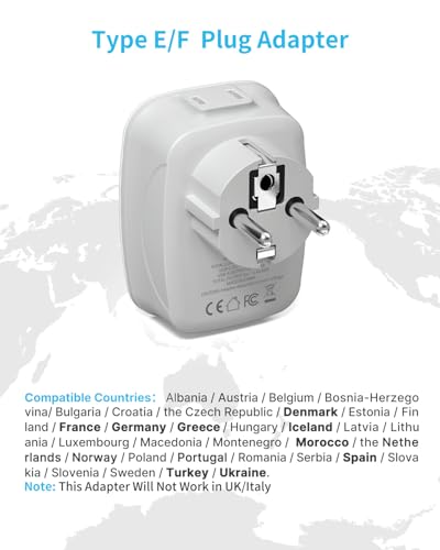 2 Pack Type E/F Plug Adapter, VINTAR Schuko Germany France Adapter Plug,South Korea Outlet Adapter with 1 USB C,3 USB Ports and 2 Outlets, US to EU Spain Iceland Greece Paris German French Korea
