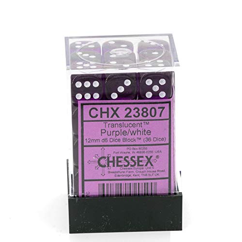 Chessex Dice D6 Sets: Purple With White Translucent - 12Mm Six Sided Die (36) Block Of Dice #TOP4