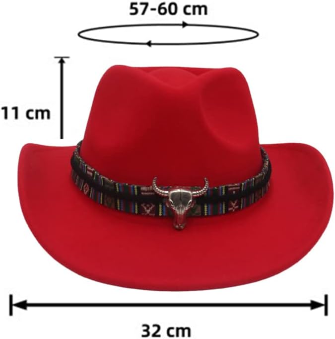 Women Men Faux Felt Western Cowboy Hat with Ox Head Belt Buckle Mexican Cowgirl Wool Hat Newsboy Top Cap Wide Brim Fedora