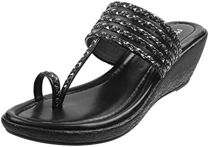 Metro Women Black Embellished Toe Ring Wedge Heel Ethnic Fashion Sandals UK/6 EU/39 (32-33)