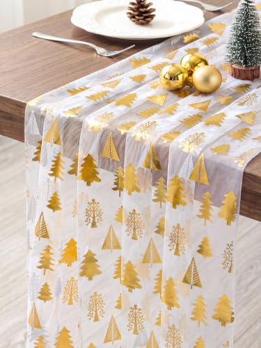 FEXIA Christmas Table Runner, White Tulle Gold Tree Runner, 28x120 Inch