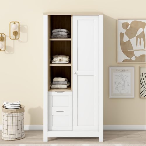 Image of SOFTSEA Kids Armoire Wardrobe Closet, Small Wardrobe Closet with 2 Hanging Rods and Drawers, Freestanding Wood Wardrobe Closet with Shelves and One Sliding Door for Bedroom, Kids Room, White