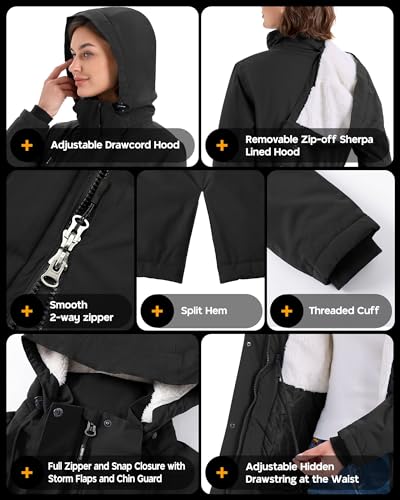 Outdoor Ventures Damen Regenjacke Lange Wintermantel mit Kapuze Frauen Wasserdicht Windbreaker Verdickene Warm Outdoorjacke Funktionsjacke für Wandern Laufen Sporten Schwarz XL