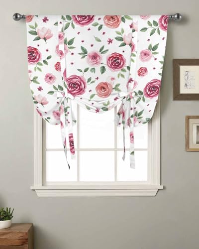 Pink Flowers Tie Up Curtains for Windows 45 Inch Length Balloon Curtains Kitchen Adjustable Balloon Window Shade Simple Romantic Botanical Floral Leaves Tie Up Valance Bathroom Curtain Window 52