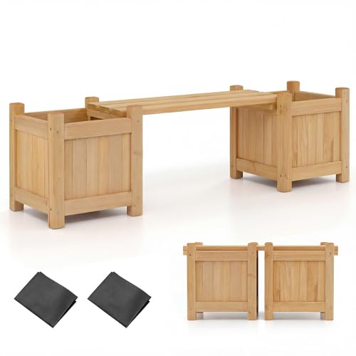 GiantexUK Wooden Garden Planter with Bench, 3-in-1 Raised Garden Bed with Seater & Open-ended Bottom, Outdoor Planter Box Bench Seat for Patio Backyard Balcony (Natural, 105 x 26 x 30cm)