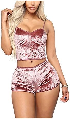 Womens Sexy Velvet 2 Pieces Babydoll Lingerie Pajama Set Outfit - Spaghetti Strap Crop Top Camisole and Shorts Bottom Strappy Sleepwear Nightwear Sweatshirt Jogging Sweatpants Suit Pink L