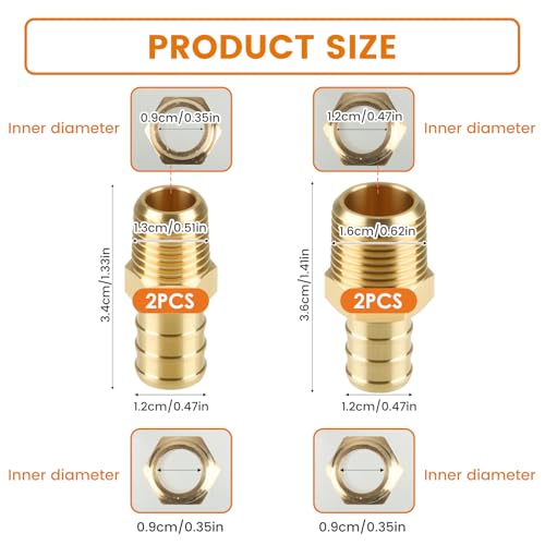 4 Pack Brass Male to Male Hose Adapter, 1/2\" Pex 3/8\" Npt & 1/2\" Pex 1/4\" Npt Male Connector Fitting, Lead-Free Adapter, Rust and Corrosion Resistant, Designed for Various Plumbing Applications